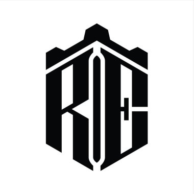 RE Harfi Logo monogram altıgen şekilli Crown kalesi geometrik biçim tasarım şablonu