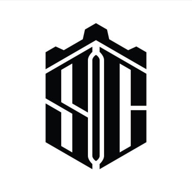SC Harfi Logo monogram altıgen şekli Crown kalesi geometrik biçim tasarım şablonu