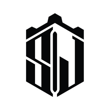 SJ Harfi Logo monogram altıgen şekli Crown kalesi geometrik biçim tasarım şablonu