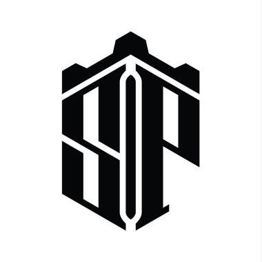 SP Harfi Logo monogram altıgen şekli Crown kalesi geometrik biçim tasarım şablonu