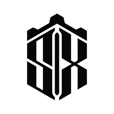Taç kale geometrik stil tasarım şablonu ile SX Harfi Logo monogram altıgen şekli
