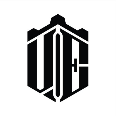 VE Letter Logo monogram altıgen şekli Crown kale geometrik biçim tasarım şablonu