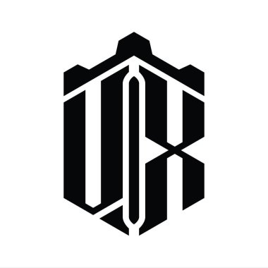 Taç kale geometrik stil tasarım şablonu ile VX Harfi Logo monogram altıgen şekli