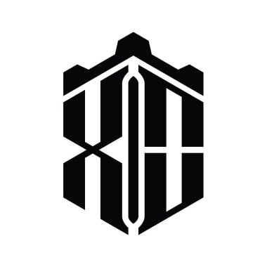 XO Harfi Logo monogram altıgen şekli Crown kalesi geometrik biçim tasarım şablonu