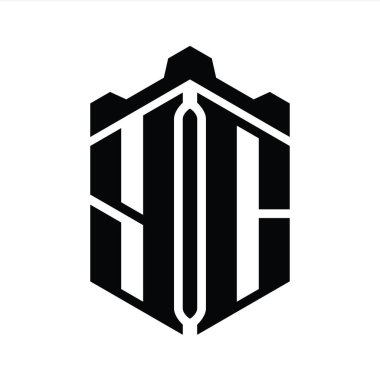 Taç kale geometrik stil tasarım şablonu ile YC Harf Logosu monogram altıgen şekli