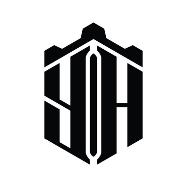 Taç kale geometrik stil tasarım şablonu ile YH Harf Logosu monogram altıgen şekli