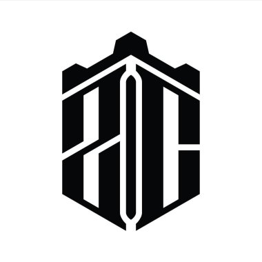 ZC Harfi Logo monogram altıgen şekli Crown kalesi geometrik biçim tasarım şablonu