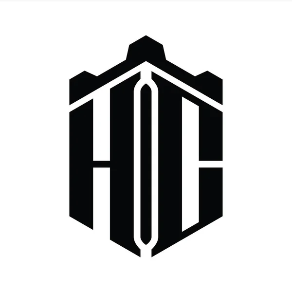 Hc字母标志六边形六边形与冠城堡几何风格设计模板 — 图库照片