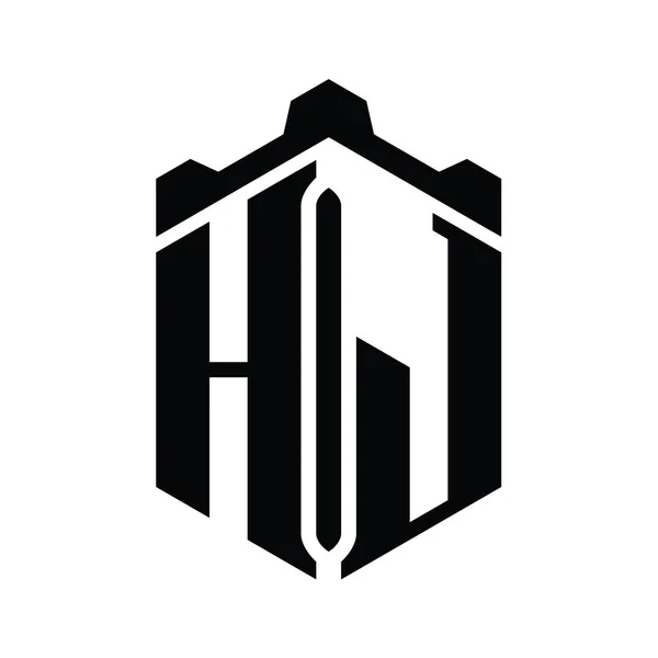 Hj字母标志六边形六边形与冠城堡几何风格设计模板 — 图库照片