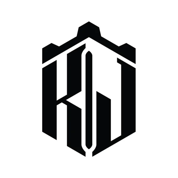 Kj字母标志六边形六边形与冠城堡几何风格设计模板 — 图库照片