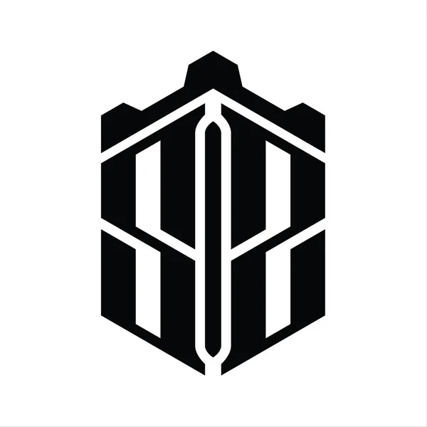 Сзр Лист Логотип Монограма Шестикутника Шаблоном Геометричного Дизайну Замку Корони — стокове фото
