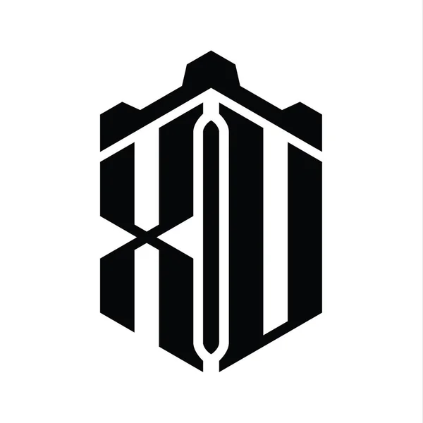 Xu字母标志六边形六边形与冠城堡几何风格设计模板 — 图库照片