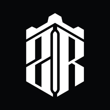 ZR Harfi Logo monogram altıgen şekli Crown kalesi geometrik biçim tasarım şablonu