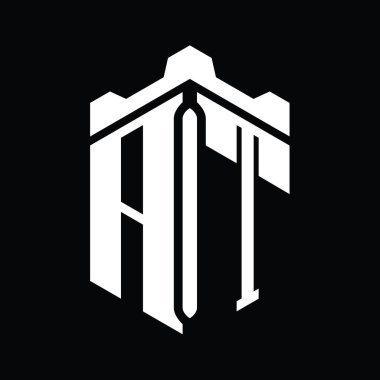 Taçlı kale geometrik stil tasarım şablonu ile AT Harfi Logosu monogram altıgen şekli