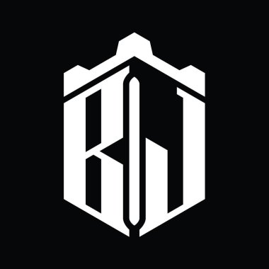 Taçlı kale geometrik stil tasarım şablonu ile BJ Harfi Logo monogram altıgen şekli