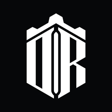 Taç kale geometrik biçim tasarım şablonu ile DR Letter logo monogram altıgen şekli