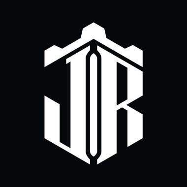 Taçlı kale geometrik stil tasarım şablonu ile JR Letter logo monogram altıgen şekli