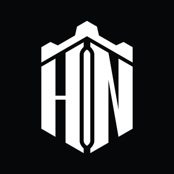 Hn字母标志六边形六边形与冠城堡几何风格设计模板 — 图库照片
