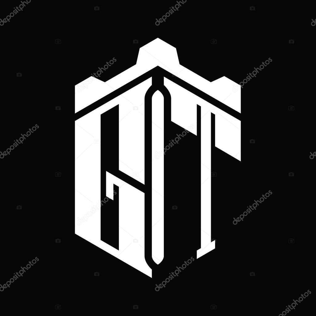 GT Letter Logo monogram hexagon shape with crown castle geometric style design template