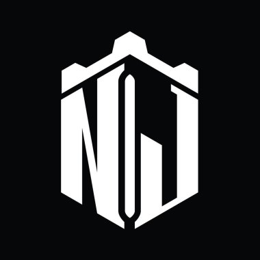 NJ Harfi Logo monogram altıgen şekli Crown kalesi geometrik biçim tasarım şablonu