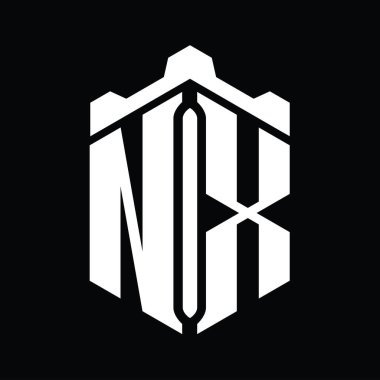 Taç kale geometrik stil tasarım şablonu ile NX Harfi Logo monogram altıgen şekli