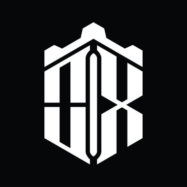 Taç kale geometrik stil tasarım şablonu ile OX Harfi Logo monogram altıgen şekli
