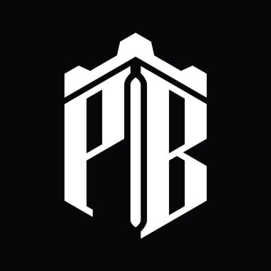 Taçlı kale geometrik stil tasarım şablonu ile PB Harf Logosu monogram altıgen şekli