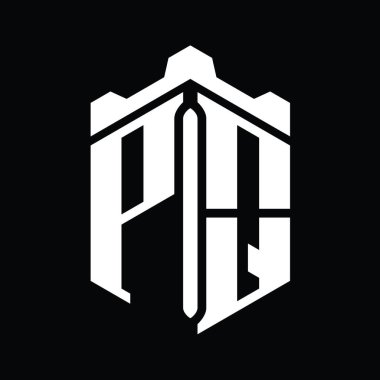 Taçlı kale geometrik stil tasarım şablonu ile PQ Harfi Logosu monogram altıgen şekli