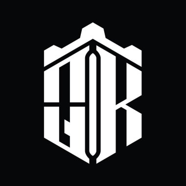 QK Harfi Logo monogram altıgen şekli Crown kalesi geometrik biçim tasarım şablonu