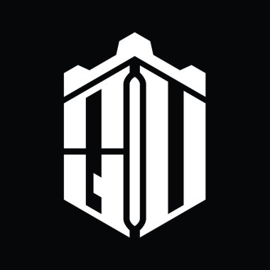 Taç kale geometrik stil tasarım şablonu ile QU Harfi Logo monogram altıgen şekli