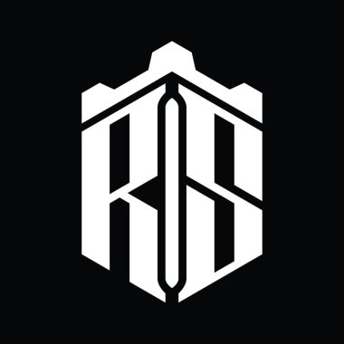 RS Harfi Logosu, taç kale geometrik stil tasarım şablonuyla altı köşeli şekil