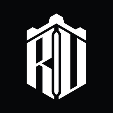 RU Letter logo monogram altıgen şekli Crown kale geometrik biçim tasarım şablonu