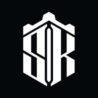 Taç kale geometrik stil tasarım şablonu ile SK Harf Logosu monogram altıgen şekli