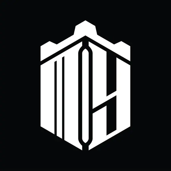 Surat Logo Monogram Bentuk Heksagon Dengan Mahkota Kastil Geometris Gaya — Stok Foto