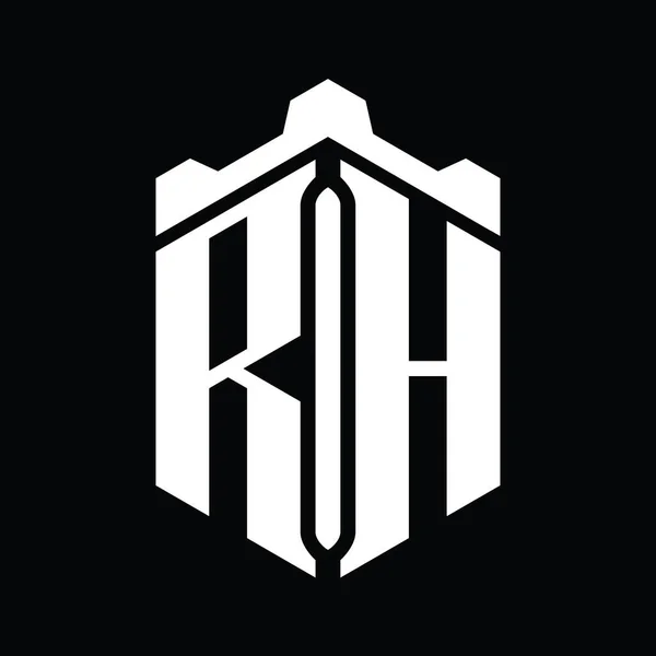 Rh字母标志六边形六边形与冠城堡几何风格设计模板 — 图库照片