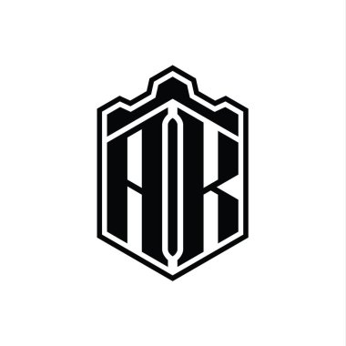 AK Harfi Logosu monogram altıgen kalkan şekilli taç kale geometriği ana hatlı tasarım şablonu