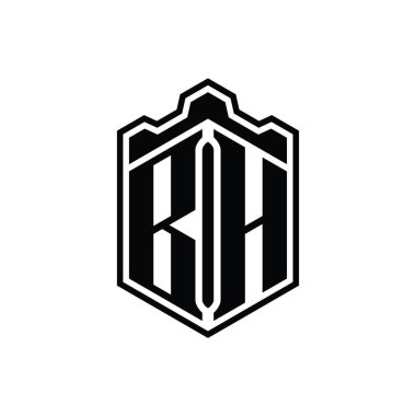 BH Harfli Logo monogramı altıgen kalkanı şeklindeki taç kale geometriği ana hatlı tasarım şablonu