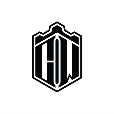 CW Harf Logosu monogram altıgen kalkan şekilli taç kale geometriği tasarım şablonu
