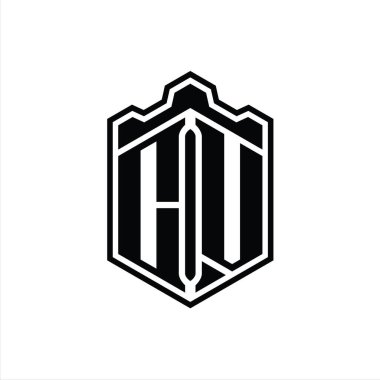 CV Harf Logosu monogram altıgen kalkanı şekilli taç kale geometriği tasarım şablonu