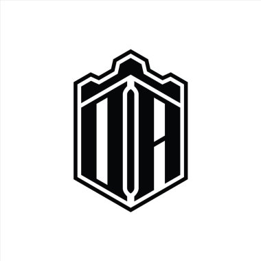 DA Harfi Logosu monogram altıgen kalkanı şekilli taç kale geometriği ana hatlı biçim tasarım şablonu