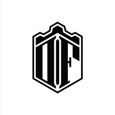 DF Harfi Logosu monogram altıgen kalkanı şeklindeki taç kale geometriği ana hatlı tasarım şablonu