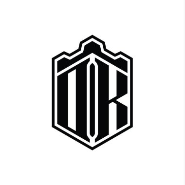 DK Harf Logosu monogram altıgen kalkan şekilli taç kale geometriği ana hatlı biçim tasarım şablonu