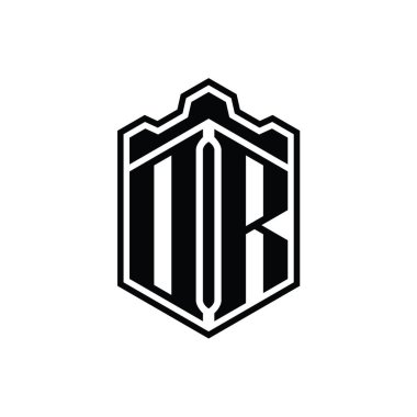 DR Letter Logo monogramı altıgen kalkanı şekilli taç kale geometriği tasarım şablonu