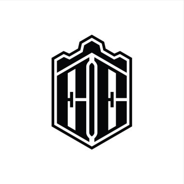 EE Letter Logo monogramı altıgen kalkanı şekilli taç kale geometriği tasarım şablonu