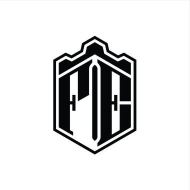 FE Harfi Logosu monogram altıgen kalkan şekilli taç kale geometriği tasarım şablonu