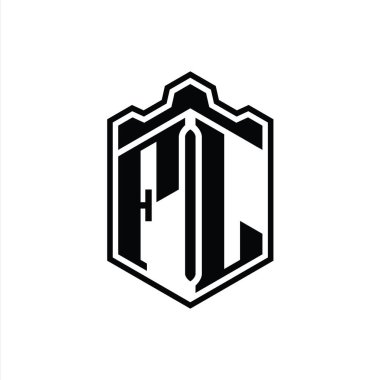 FL Harfi Logosu monogram altıgen kalkanı şeklindeki taç kale geometriği tasarım şablonu
