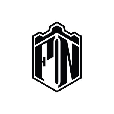 FN Harfi Logosu monogram altıgen kalkanı şeklindeki taç kale geometriği ana hatlı tasarım şablonu