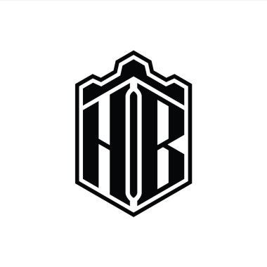 HB Harfi Logo monogramı altıgen kalkanı şeklindeki taç kale geometriği ana hatlı tasarım şablonu