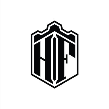 HF Harf Logosu monogram altıgen kalkan şekilli taç kale geometriği tasarım şablonu