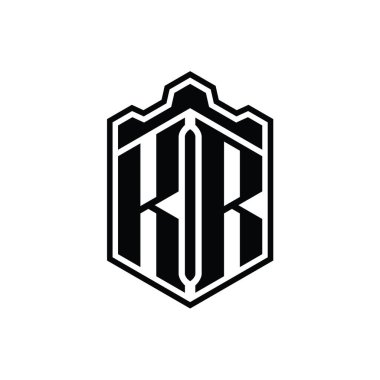 KR Letter Logo monogram altıgen kalkan şeklindeki taç kale geometrik tasarım şablonu